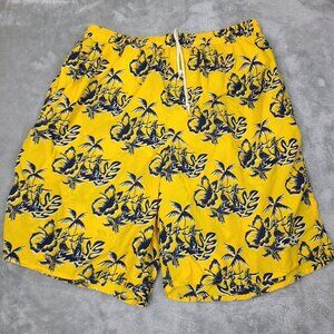 Vintage OP DK Yellow Tropical Hibiscus Pattern Lined Board Shorts Adult Sz Large
